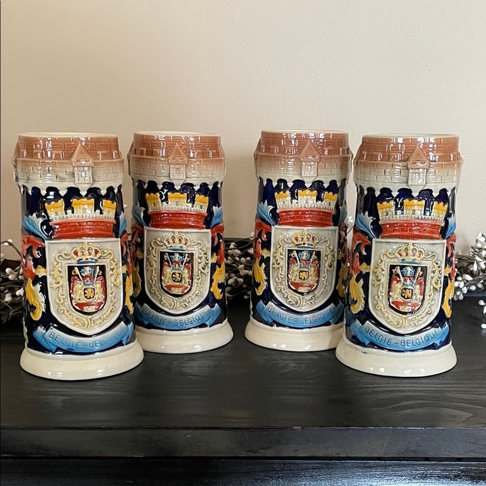 World Market Belgie Belgique Ceramic Heraldic Beer Steins - 3D Crest Design-4pc